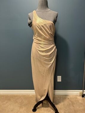 City Studio One-Shoulder Metallic Gold Evening Dress